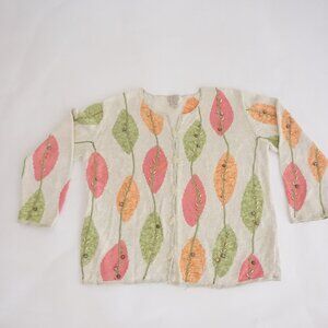 Vintage Sigrid Olsen Cream Beaded Leaf Knit Romantic Cottagecore Cardigan 1X